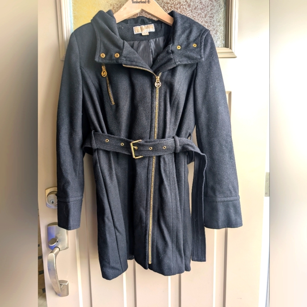 Michael Kors Wool Pea Coat With Hood & Gold Accents